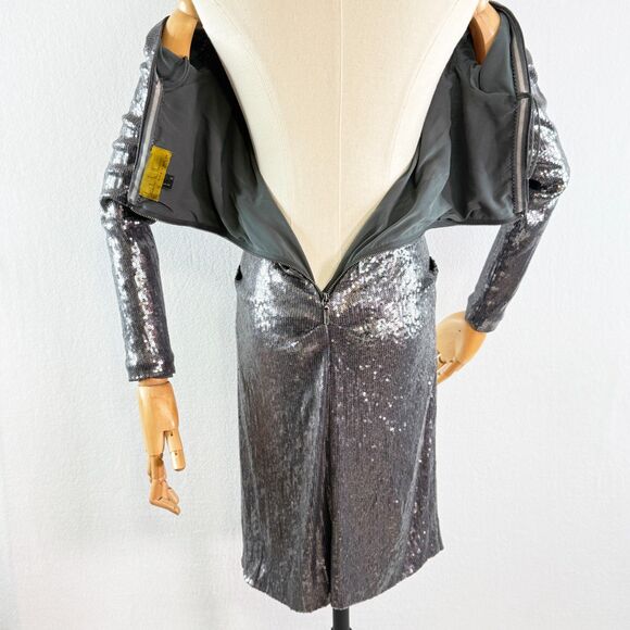 Nicole Miller | Silver Sequin Long Sleeve Off Shoulder Body Dress Ruched | Sz 6 - Picture 4 of 9